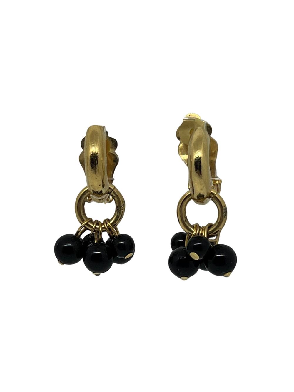 Vintage Gold Clip-On Earrings with Black Beaded Dangle 1980s